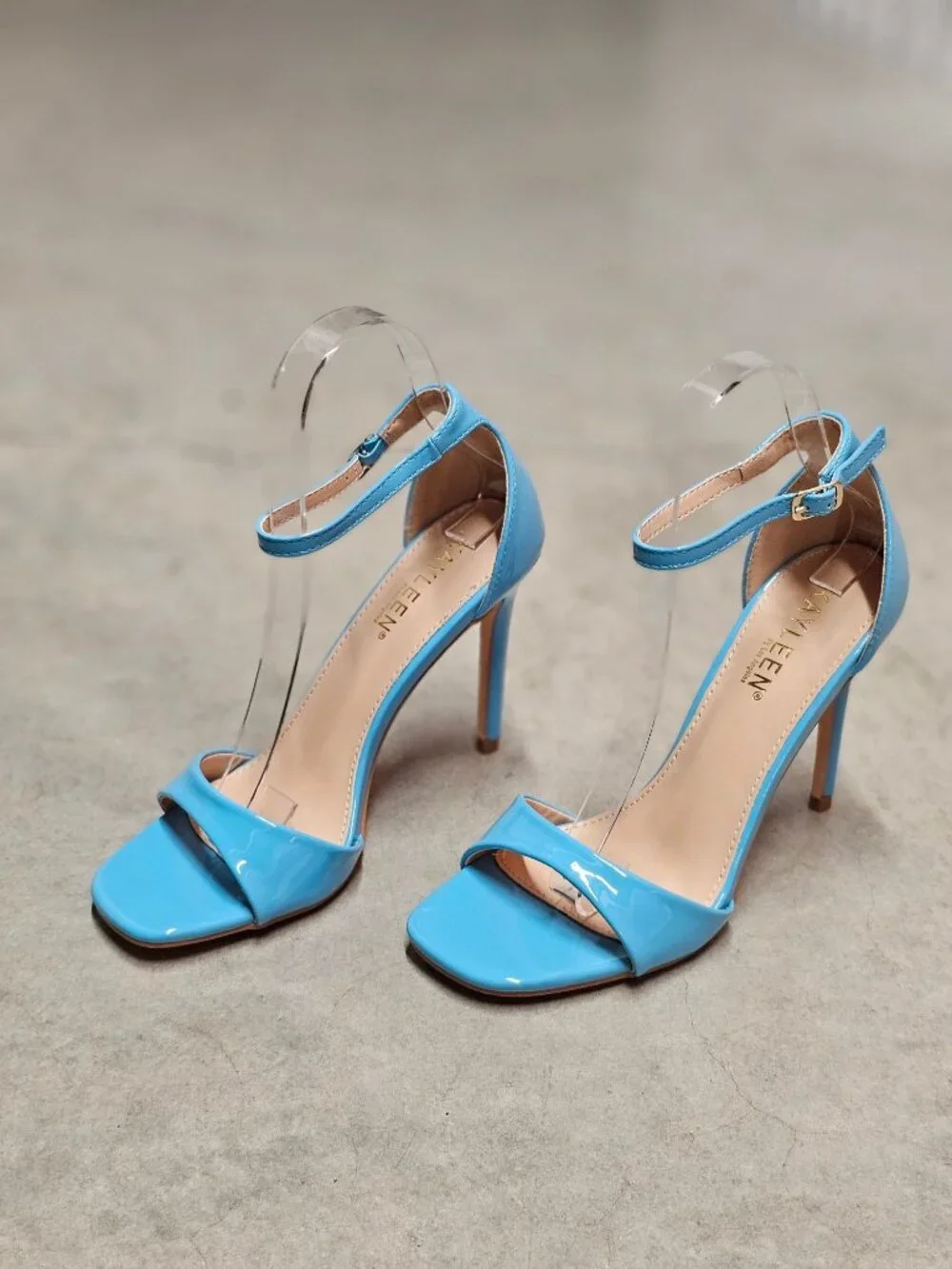 Elegant Blue Patent Leather Stiletto Heels With Ankle Strap & Open Toe For Women